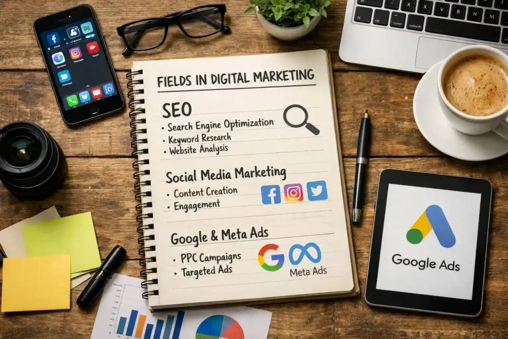 fields in digital marketing, seo, ppc and social media