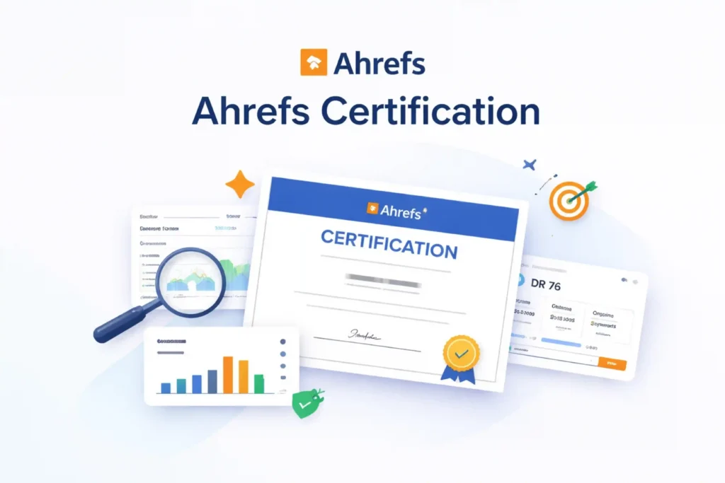 Ahrefs SEO certification illustration showing an exam-style certificate, SEO analytics dashboards, backlink metrics, and a magnifying glass for practical SEO learning