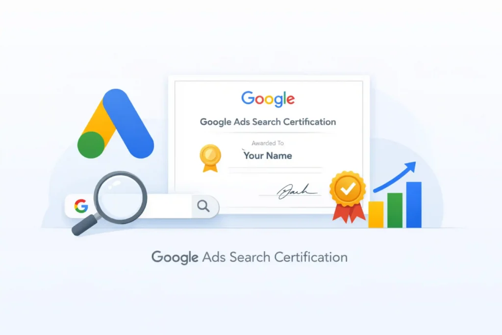 Google Ads Search SEO certification visual with a search certificate, magnifier on search bar, verified badge, and growth chart showing search marketing skills