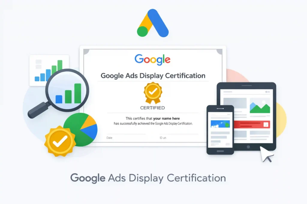 Google Ads Display SEO certification style image showing a display certification certificate with laptop, mobile screens, chart icons, and ad performance visuals