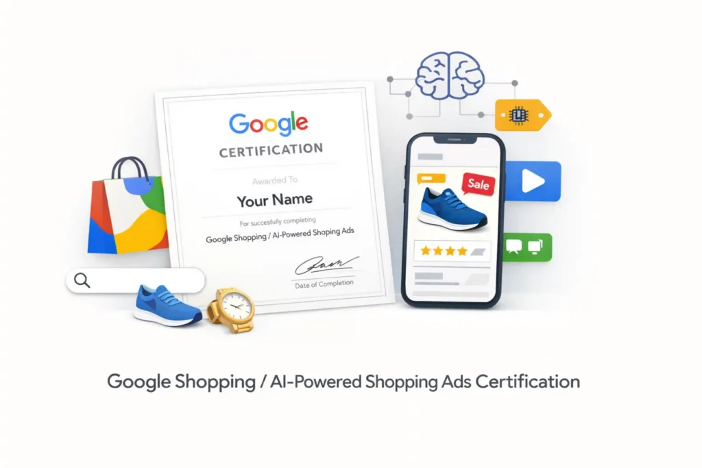 Google Shopping AI-powered ads SEO certification illustration showing a shopping certificate, ecommerce product on phone screen, sale tag, ratings icons, and automation symbols
