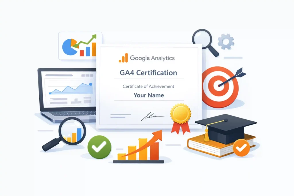 GA4 SEO certification graphic showing Google Analytics certificate with laptop dashboard, upward traffic chart, target icon, and reporting tools used for SEO tracking