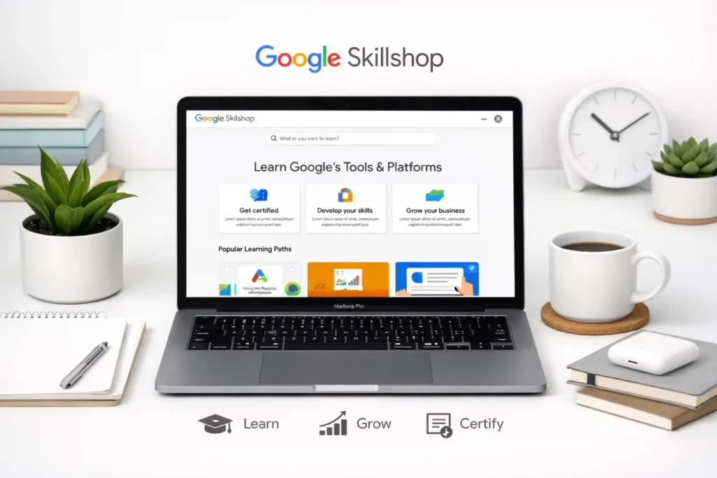 Google Skillshop training desk scene showing laptop screen with learning paths, online courses, and certification options for SEO certification related Google tools