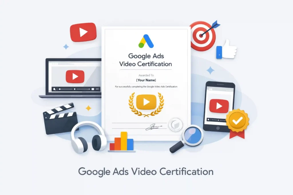 Google Ads Video SEO certification style image showing video certification certificate with YouTube play icons, clapperboard, headphones, and performance chart elements