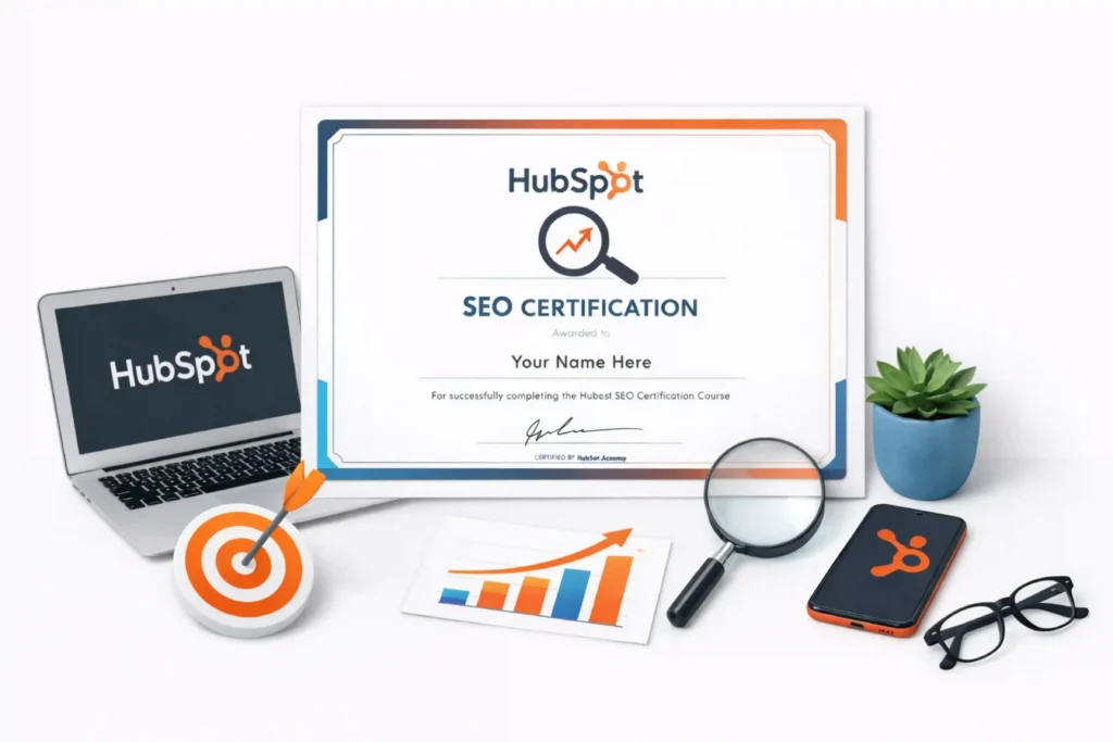 HubSpot SEO certification certificate design showing laptop, growth chart, target icon, magnifying glass, and clean workspace elements for beginner SEO training