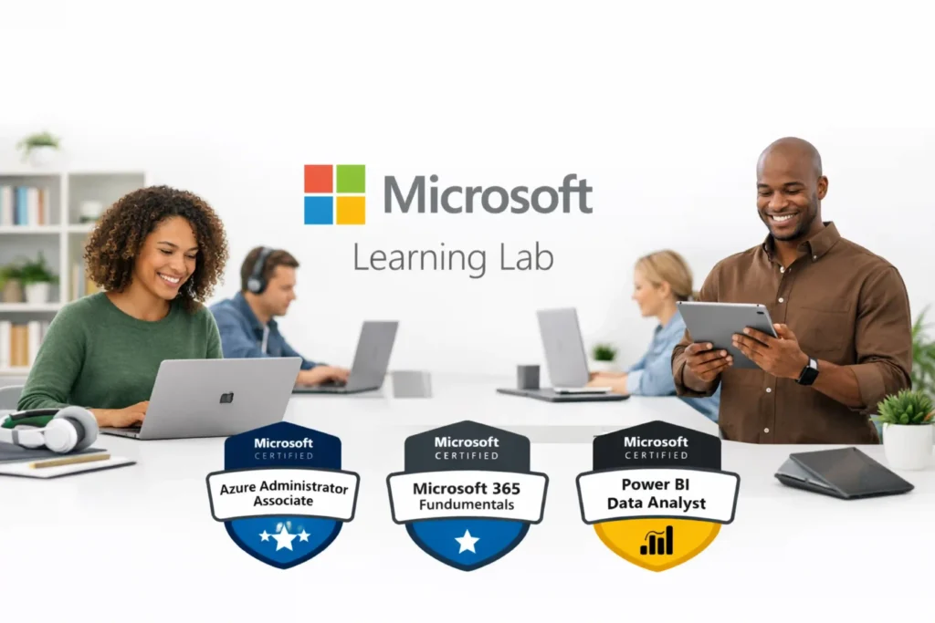 Microsoft Learning Lab SEO certification related training image showing people learning on laptops with certification badges and online study setup for skill development