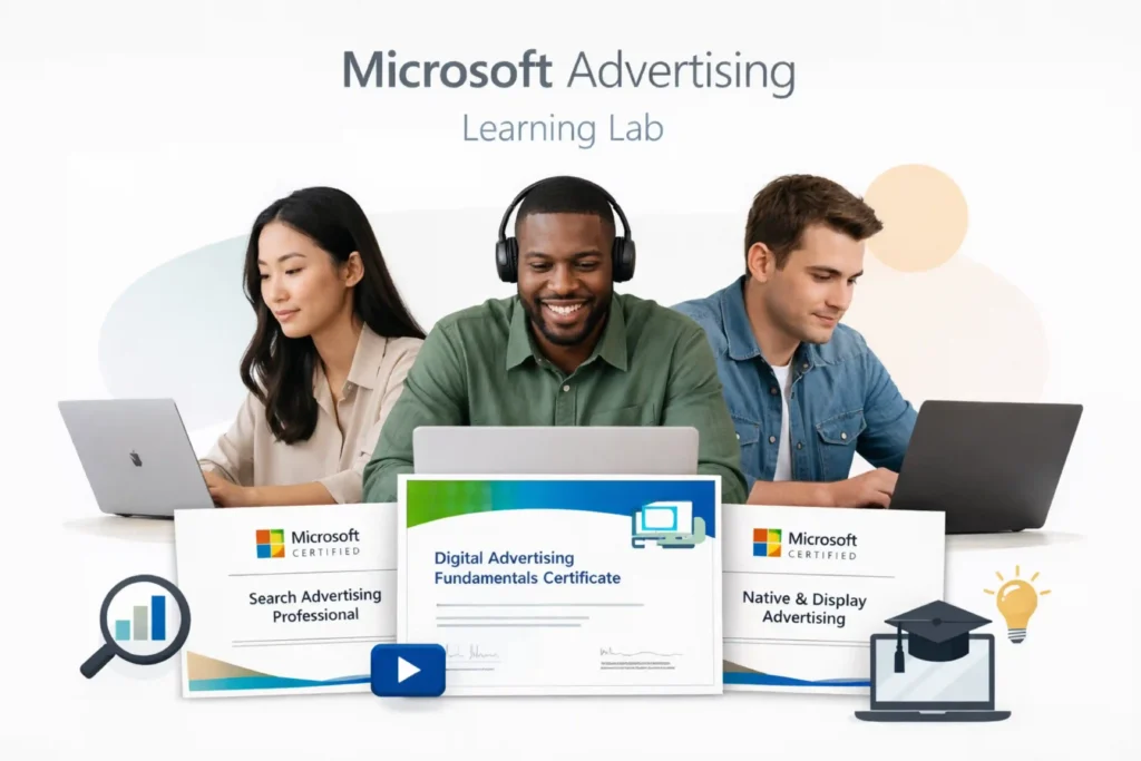Microsoft Advertising Learning Lab SEO certification style visual showing certificates for digital advertising fundamentals, search advertising, and native display learning