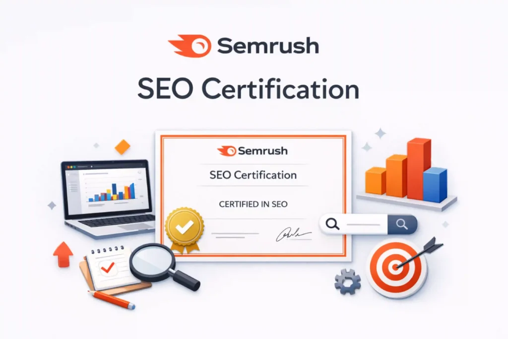 Semrush SEO certification illustration showing a certificate, keyword search bar icon, SEO checklist, analytics charts, and target symbol for SEO certification course learning