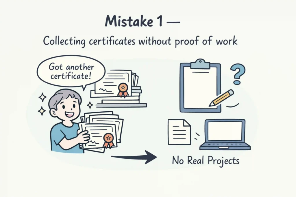 SEO certification mistake illustration showing a person collecting many certificates but having no real projects, with empty clipboard and laptop indicating lack of proof work