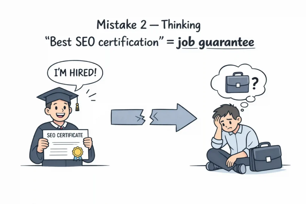 SEO certification myth image showing a graduate holding an SEO certificate thinking “job guaranteed,” contrasted with a worried person and broken arrow showing reality