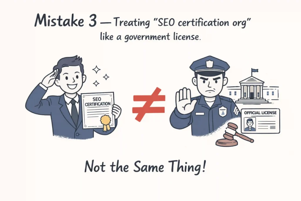 SEO certification misconception illustration showing SEO certificate compared to government license with a big “not equal” symbol, police officer, courthouse, and official ID icons