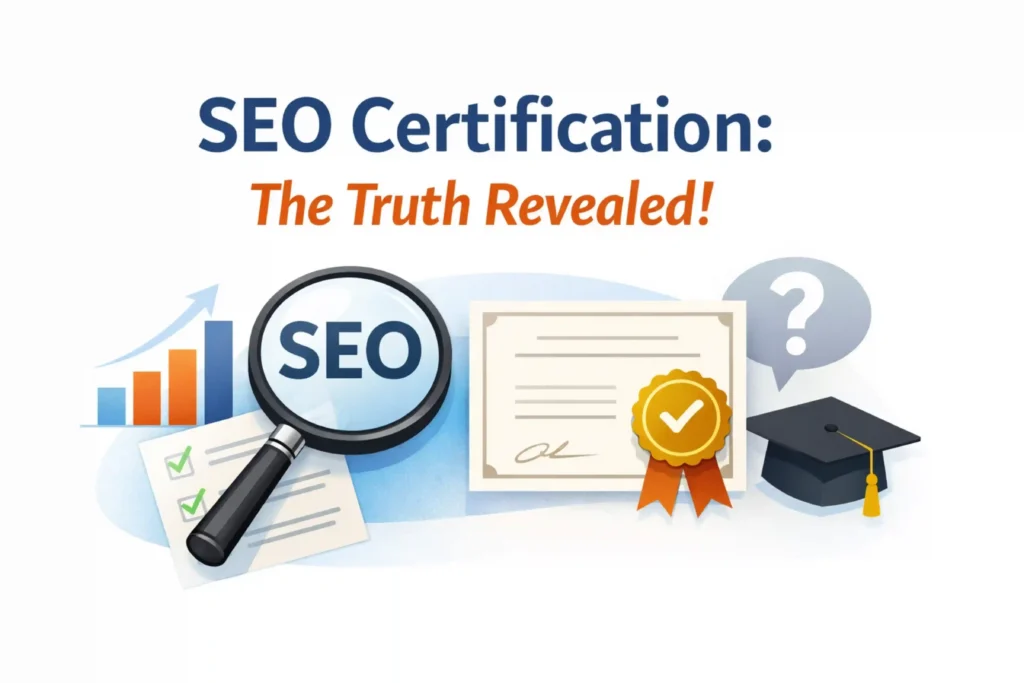 SEO certification truth banner showing magnifying glass over SEO, certificate document with verified seal, growth chart, and graduation cap explaining what SEO certification means