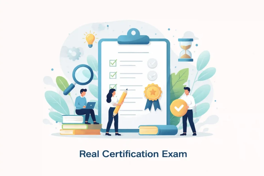Real SEO certification exam concept image showing exam checklist, timer, certificate badge, study books, and verification icons representing exam-based SEO certification
