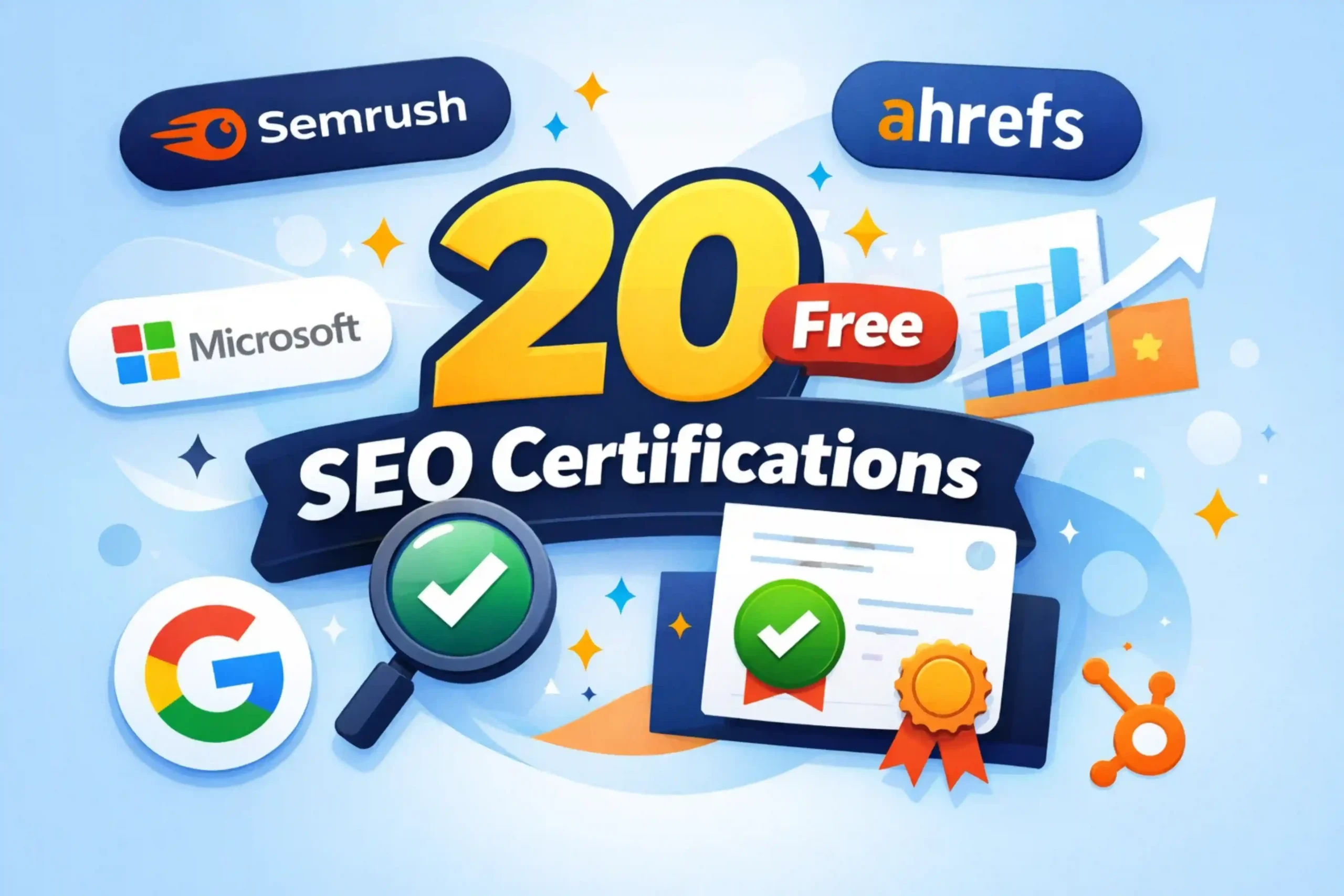 Featured image for SEO certification guide showing “20 free SEO certifications” with logos of Semrush, Ahrefs, Google, Microsoft and certificate icons, checklist badge, and growth chart