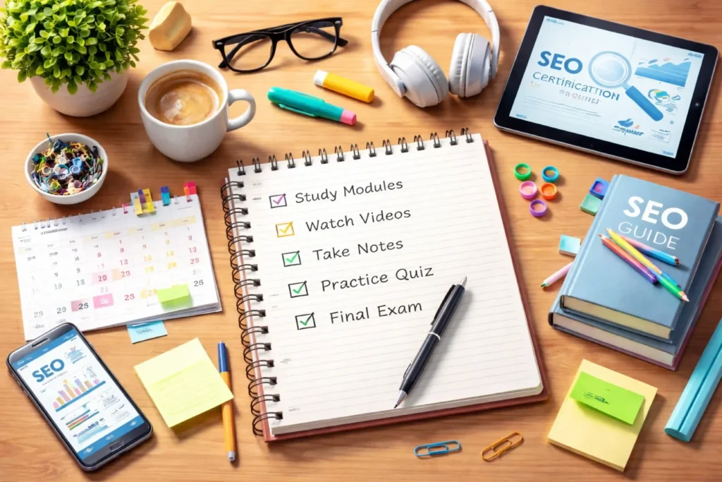 7-day SEO certification study plan workspace showing notebook checklist, calendar, coffee, learning devices, and step-by-step routine to finish certifications fast