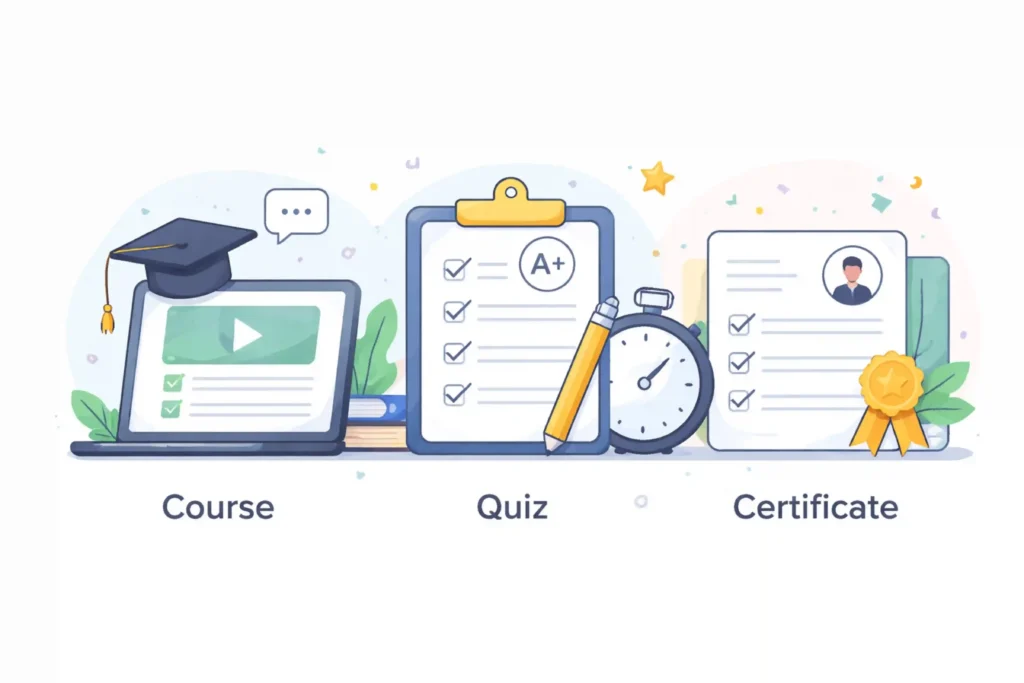 SEO certification learning flow image showing course video, quiz checklist, stopwatch timer, and certificate document representing course-to-quiz-to-certificate process