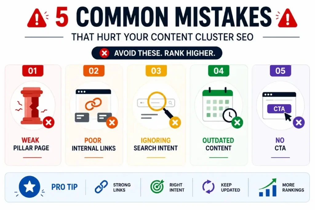 Common Content Clusters in SEO mistakes including weak pillar pages and poor internal linking