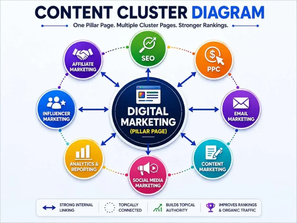Content cluster diagram showing a central pillar page “Digital Marketing” connected to multiple cluster topics including SEO, PPC, email marketing, content marketing, social media marketing, analytics & reporting, influencer marketing, and affiliate marketing, illustrating strong internal linking, topical connections, and improved SEO rankings and organic traffic growth.