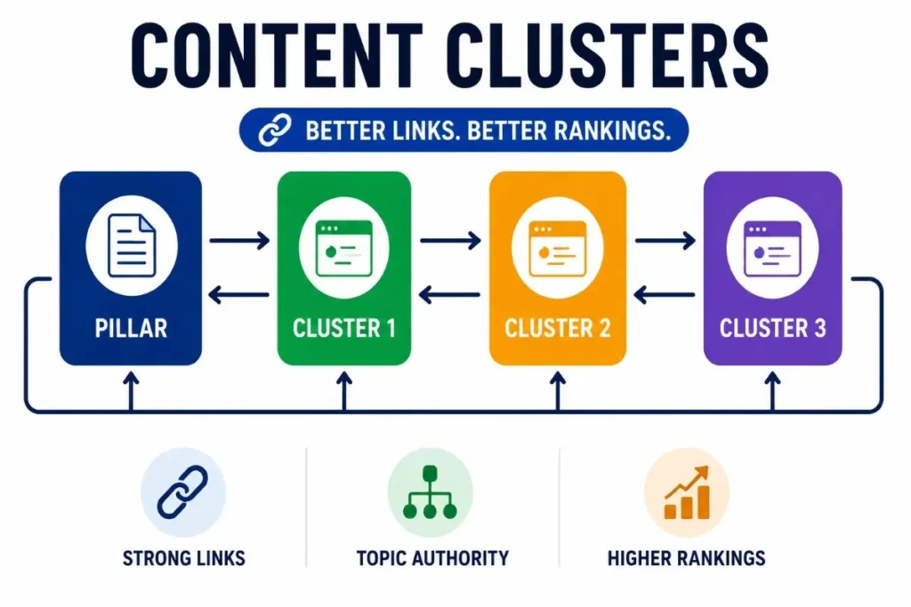Content Clusters in SEO showing pillar pages, cluster content, and internal linking structure