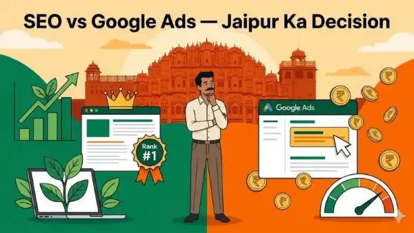 SEO vs Google Ads comparison for Jaipur business growth, showing organic ranking, paid advertising, lead generation, and long-term traffic strategy. The image explains how SEO builds visibility slowly while Google Ads brings faster clicks and paid results for local businesses.