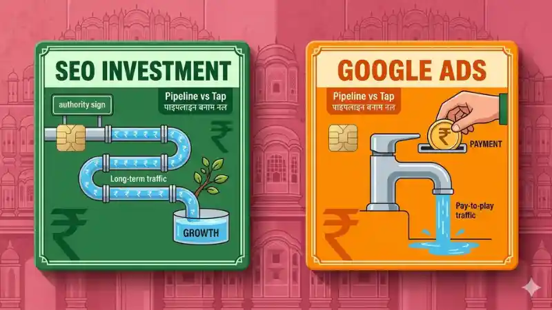 SEO vs Google Ads concept for business marketing, showing organic traffic, paid clicks, and the best way to invest in growth. The image highlights the difference between building long-term search authority with SEO and buying immediate reach through Google Ads campaigns.