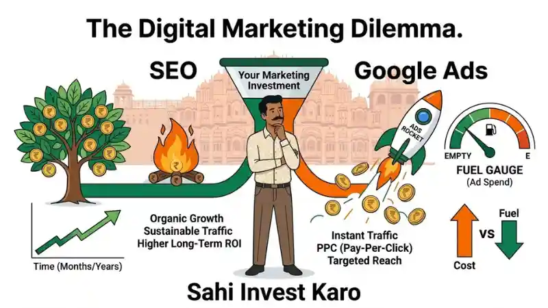 SEO vs Google Ads for Jaipur business decision, comparing budget depletion in Google Ads with sustainable SEO growth over time. The visual shows how SEO can bring stable rankings and traffic, while ads can give quick visibility but stop when the spending stops.