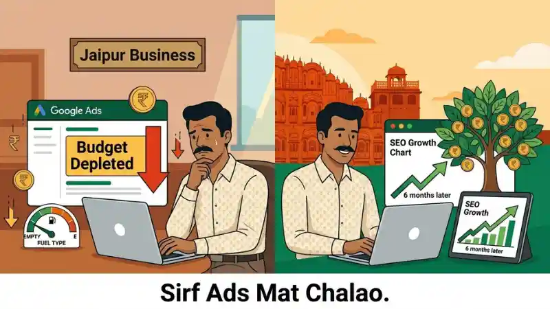 SEO investment vs Google Ads spending, showing long-term organic growth on one side and paid traffic on the other. The image explains how SEO works like a future asset, while Google Ads works like a paid tap for instant traffic, clicks, and business leads.