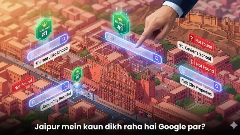 SEO vs Google Ads in Jaipur city map style, showing local search visibility, keyword ranking, business reach, and online growth. The design compares organic SEO results with paid Google Ads placements for companies that want more leads, sales, and market presence in Jaipur.