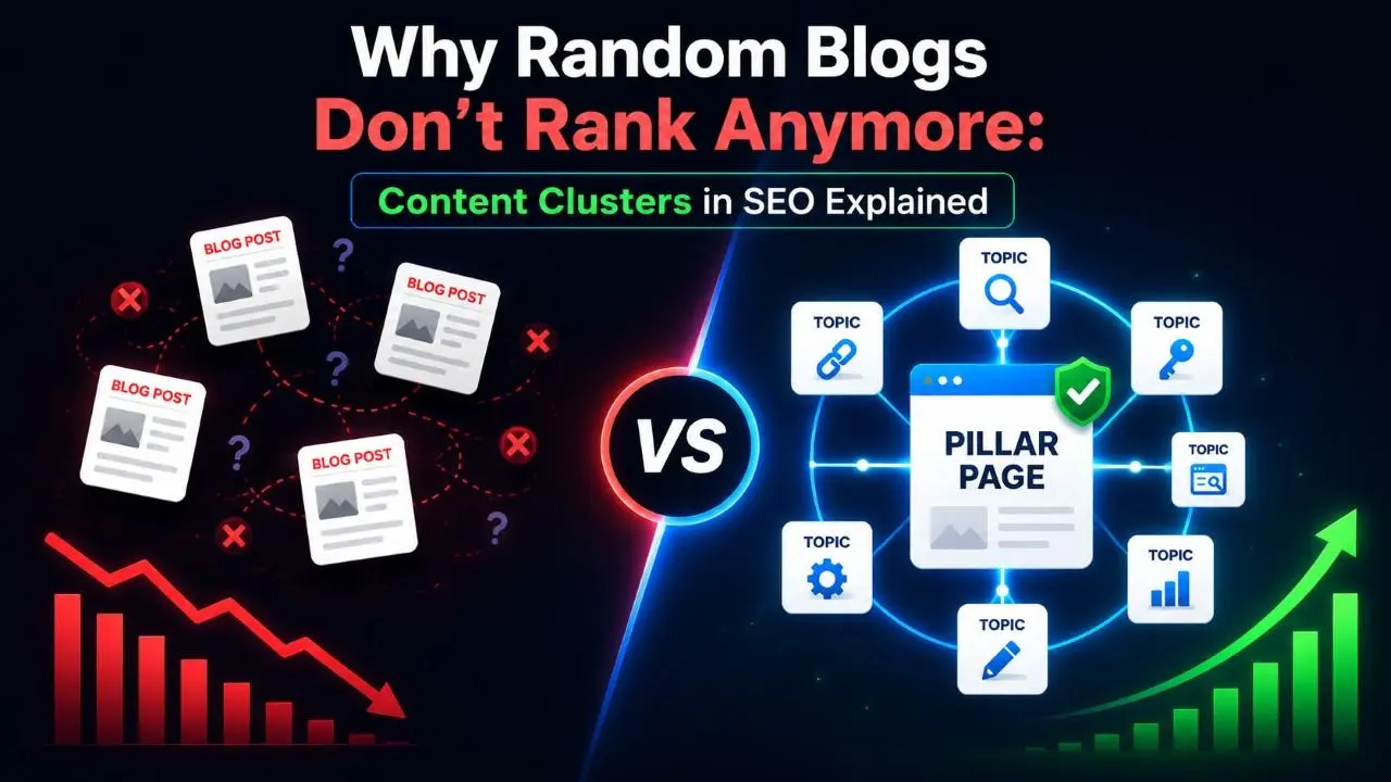 Content Clusters in SEO compared with random blog posting for better search rankings, showing how structured pillar and cluster pages improve topical authority, internal linking, and overall Google visibility compared to unorganized blogging strategies.