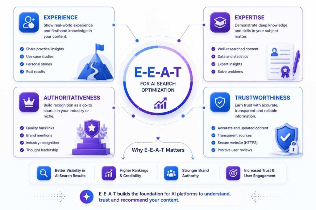 E-E-A-T infographic illustrating trust signals, expert authors, verified content, and authority factors used in AI search optimization