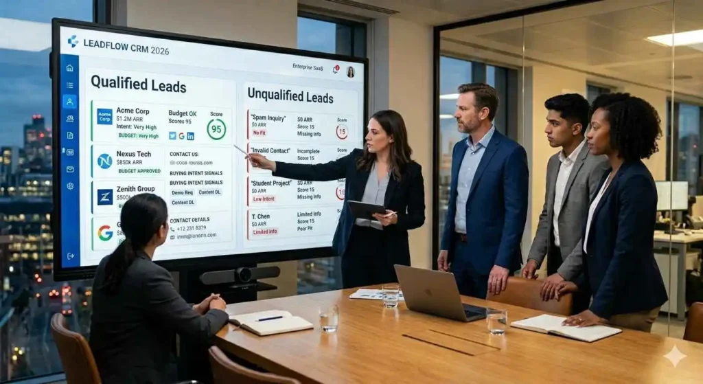 "Modern corporate team in a boardroom analyzing a CRM dashboard on a large screen with distinct columns for 'Qualified Leads' and 'Unqualified Leads' during a B2B sales strategy meeting."