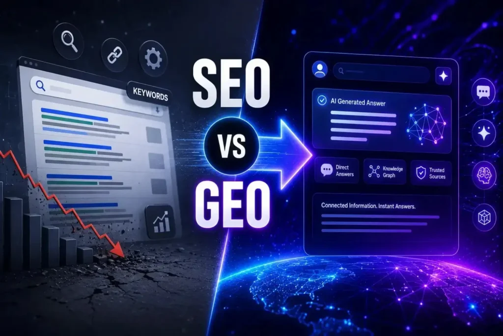 SEO vs GEO comparison showing traditional search engines and AI-powered search platforms with generative engine optimization concept