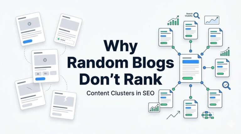 A professional digital marketing blog featured image with a clean white background comparing random blogging to structured SEO content clusters. In the center, large bold text reads "Why Random Blogs Don't Rank" with the subtitle "Content Clusters in SEO". The left side features scattered, disconnected grey blog cards representing unstructured content. The right side illustrates an organized hub-and-spoke content cluster diagram with a central pillar page connected to cluster nodes, accented by blue and green details, internal linking lines, and upward-trending growth graphs.