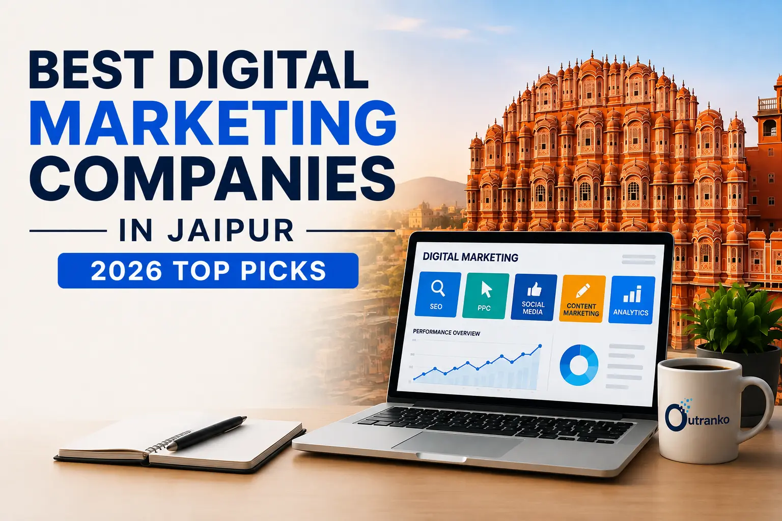 Best digital marketing companies in Jaipur 2026 featuring a modern digital marketing workspace with a laptop displaying SEO, PPC, social media, content marketing and analytics dashboards, alongside a Jaipur cityscape and Hawa Mahal-inspired architecture