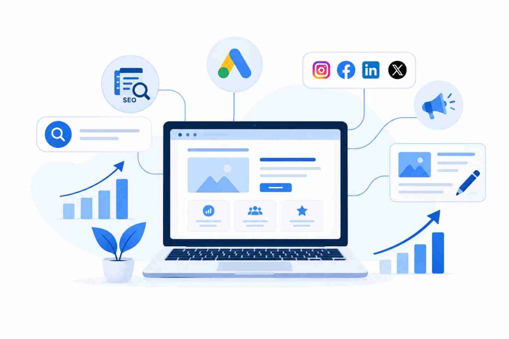 Digital marketing growth illustration with SEO, Google Ads, social media and analytics