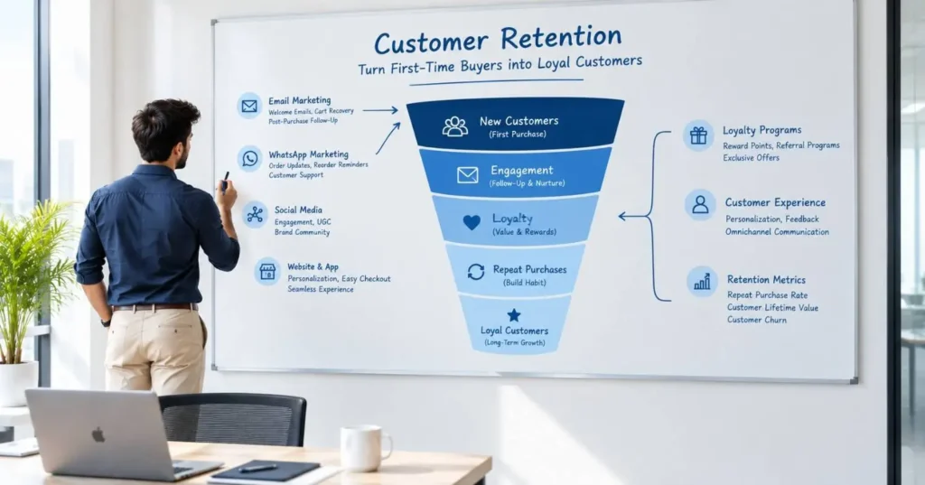 Customer retention funnel diagram showing five stages from new customers to loyal customers, with email marketing, WhatsApp marketing, loyalty programs, repeat purchases, and omnichannel customer experience strategies for D2C brands.