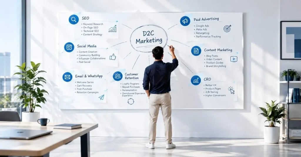 Man explaining D2C marketing strategies on a whiteboard, including SEO, social media, paid advertising, content marketing, email marketing, and customer retention.