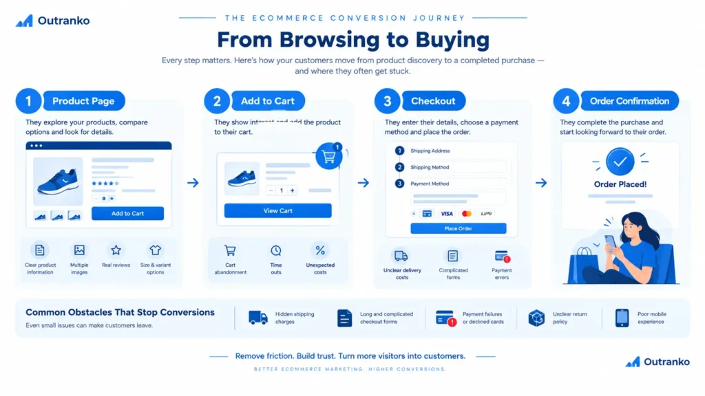 Ecommerce conversion process from product page and shopping cart to checkout and completed purchase.